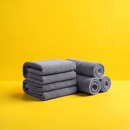 zero2cart grey microfiber towels stacked and rolled for car drying, cleaning, and everyday household use.