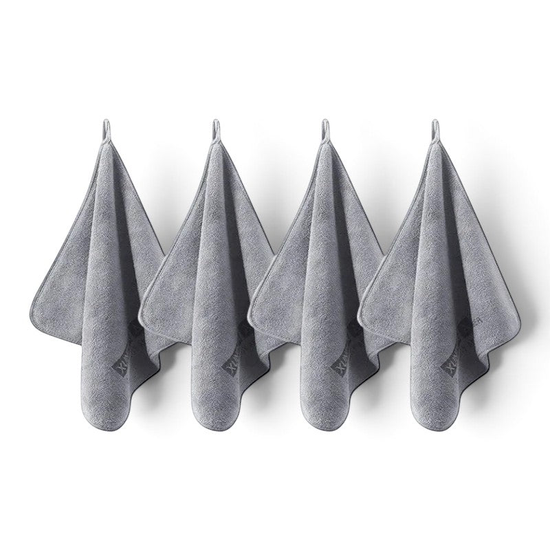 zero2cart set of four grey microfiber towels with hanging loops for car drying and home cleaning