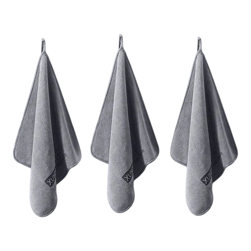 Three grey zero2cart microfiber towels with hanging loops for kitchen, bathroom, or car cleaning use.