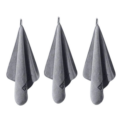 Three grey zero2cart microfiber towels with hanging loops for kitchen, bathroom, or car cleaning use.