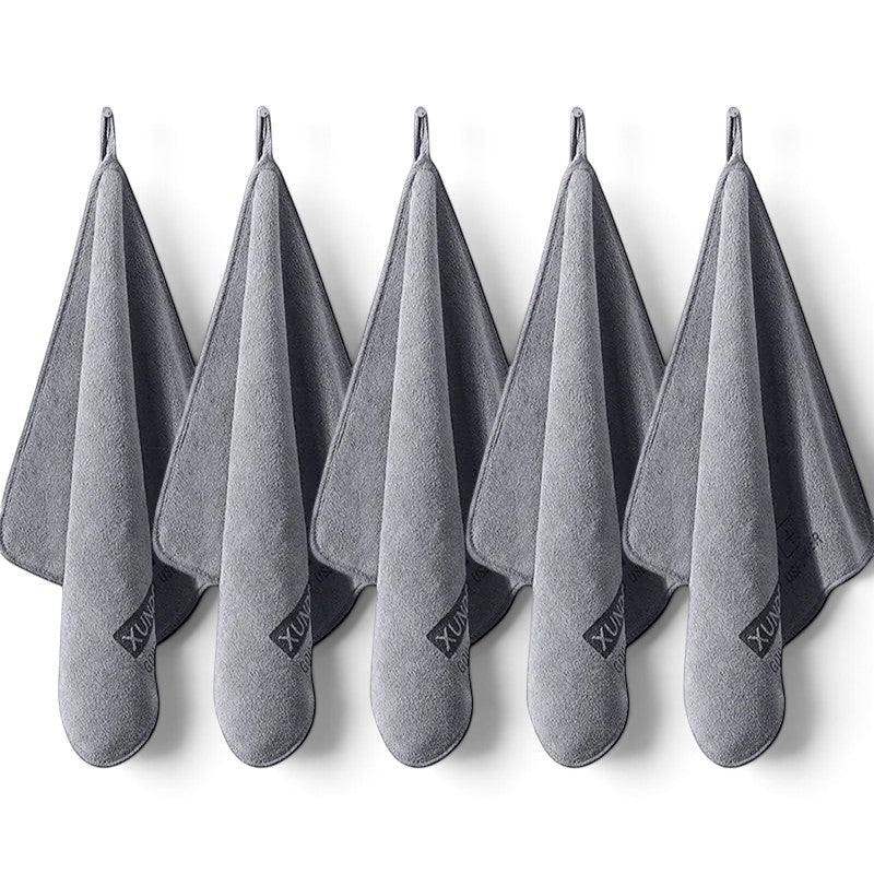 zero2cart set of five grey microfiber towels hanging for car drying, cleaning, and home use