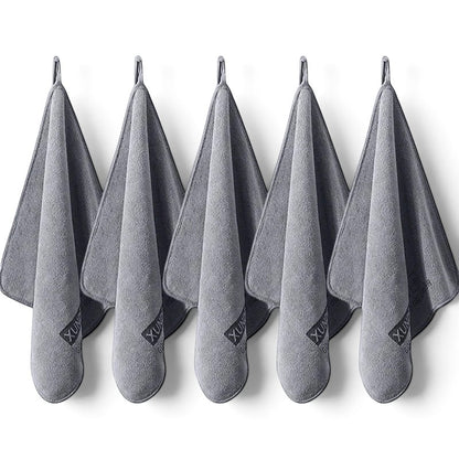 zero2cart set of five grey microfiber towels hanging for car drying, cleaning, and home use