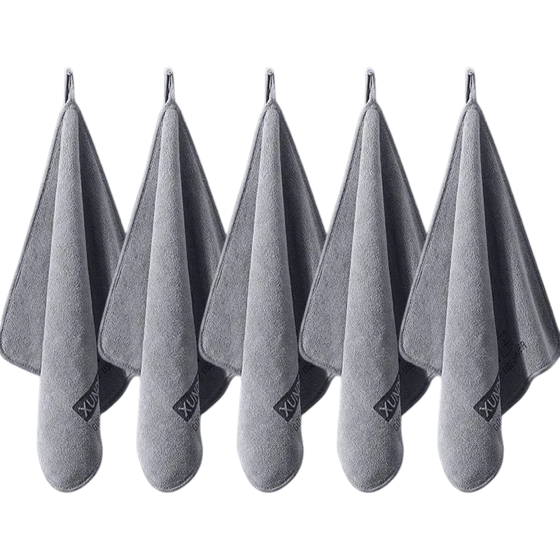 zero2cart set of five grey microfiber towels hanging for car drying, cleaning, and home use
