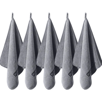 zero2cart set of five grey microfiber towels hanging for car drying, cleaning, and home use