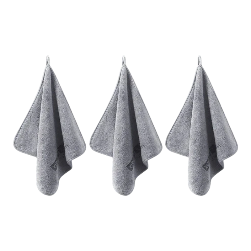 Three grey zero2cart microfiber towels hanging on hooks for car drying, cleaning, and daily multifunctional use.