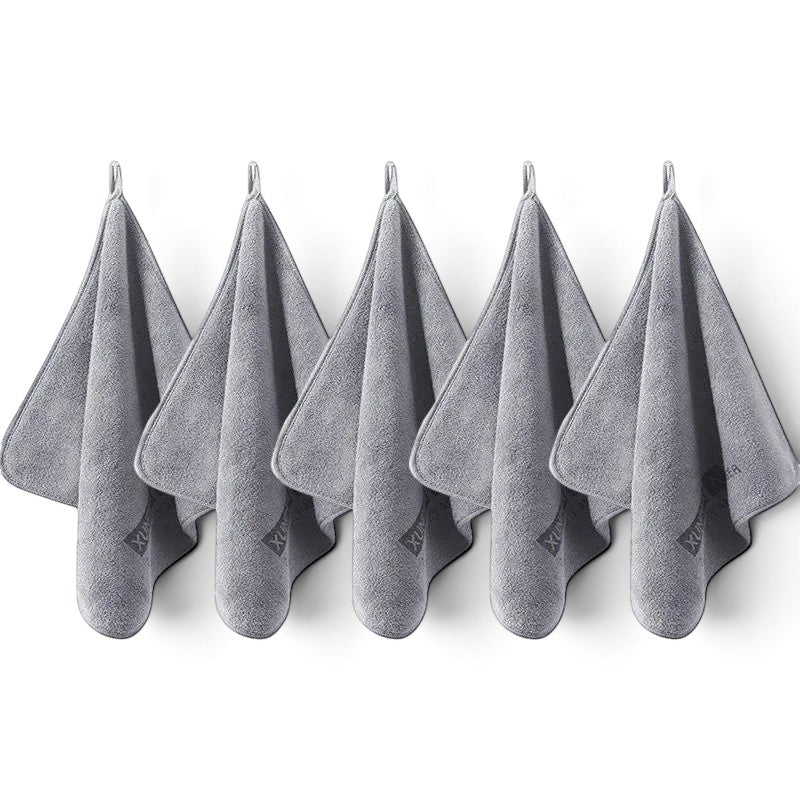 zero2cart set of five grey microfiber towels with hanging loops for car drying and kitchen cleaning