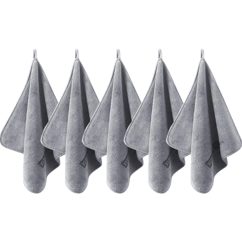 zero2cart set of five grey microfiber towels with hanging loops for car drying and kitchen cleaning