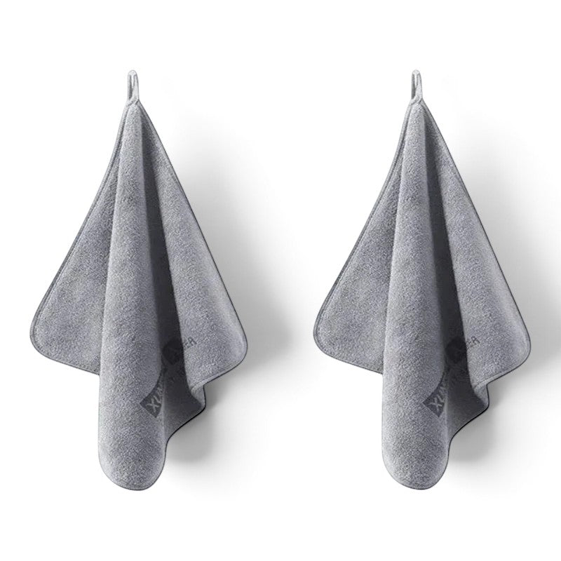 Two grey zero2cart microfiber towels hanging for car drying, cleaning, or kitchen use.