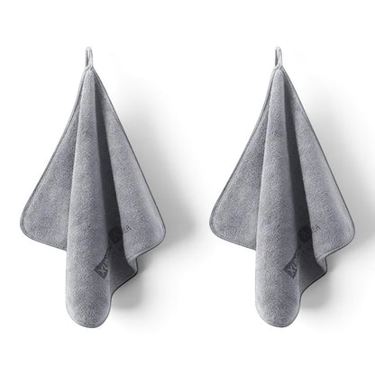 Two grey zero2cart microfiber towels hanging for car drying, cleaning, or kitchen use.