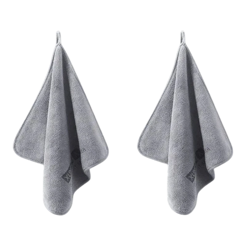 Two grey zero2cart microfiber towels hanging for car drying, cleaning, or kitchen use.