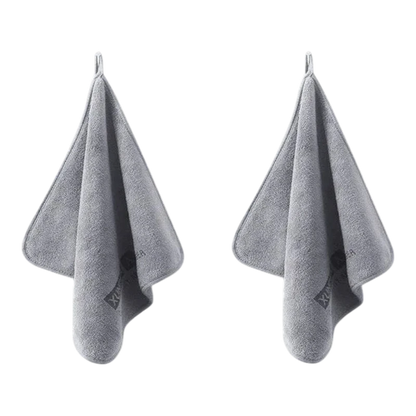 Two grey zero2cart microfiber towels hanging for car drying, cleaning, or kitchen use.