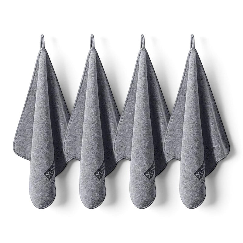 zero2cart grey microfiber drying towels hanging in a row for car cleaning, kitchen, or gym use