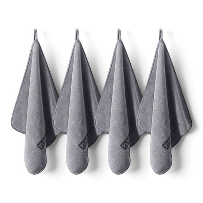 zero2cart grey microfiber drying towels hanging in a row for car cleaning, kitchen, or gym use