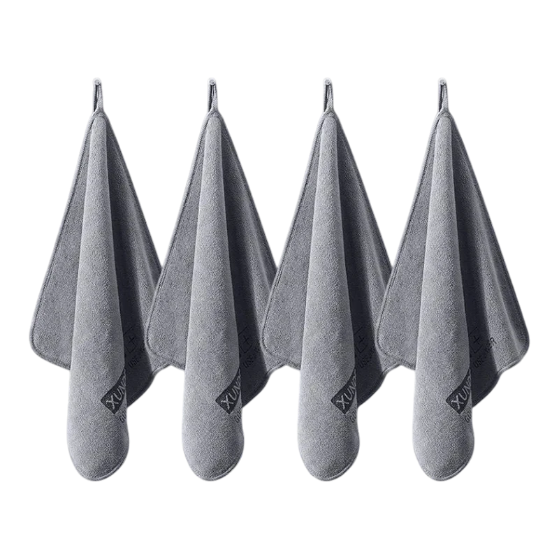 zero2cart grey microfiber drying towels hanging in a row for car cleaning, kitchen, or gym use