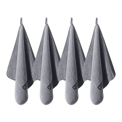 zero2cart grey microfiber drying towels hanging in a row for car cleaning, kitchen, or gym use