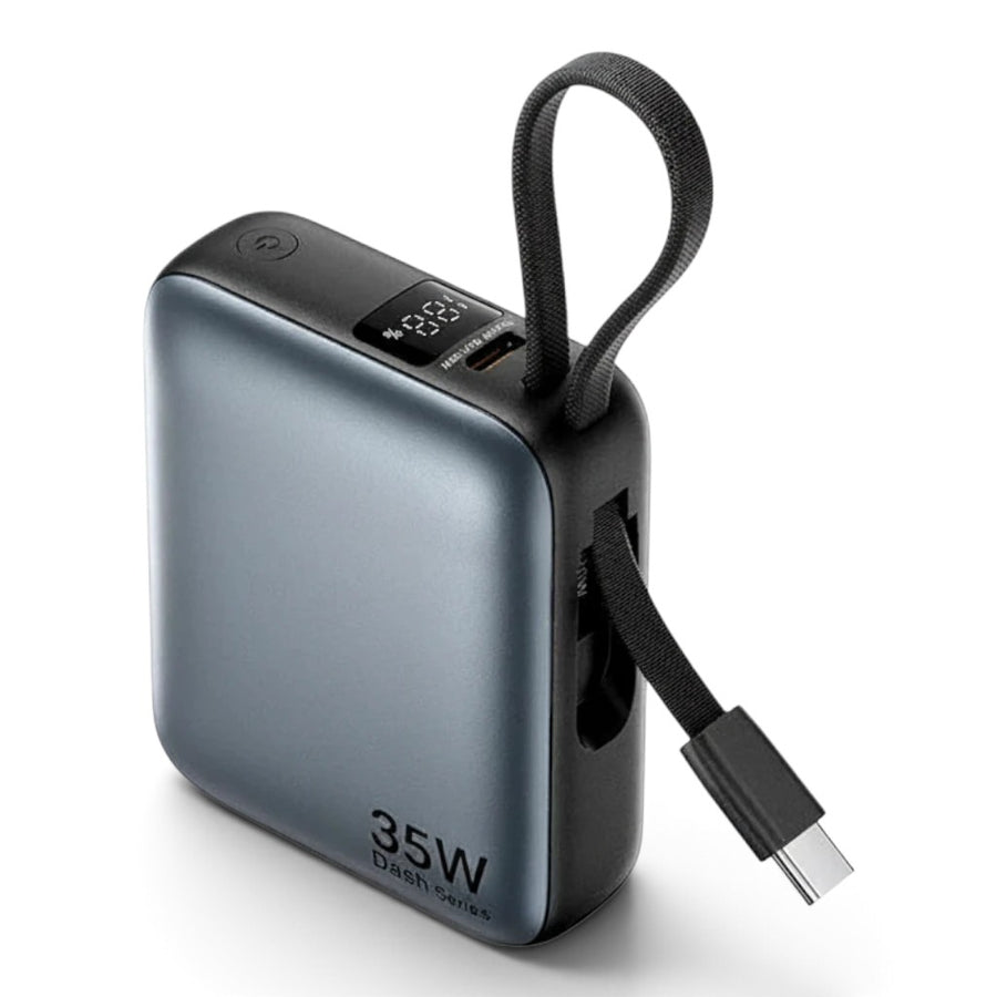 zero2cart 10000mAh grey mini power bank with built-in USB-C cable, digital display, and 35W fast charging output.