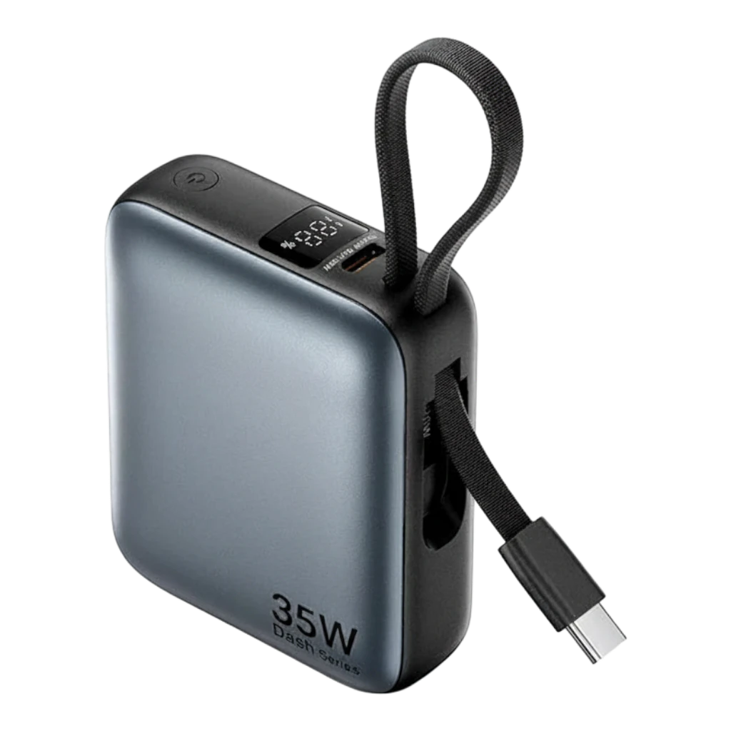 zero2cart 10000mAh grey mini power bank with built-in USB-C cable, digital display, and 35W fast charging output.
