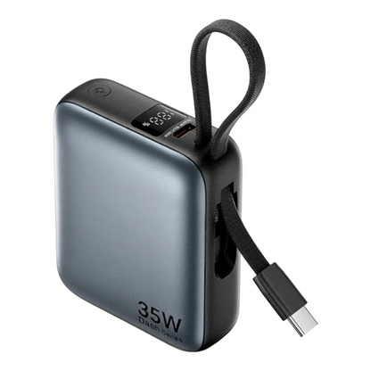 zero2cart 10000mAh grey mini power bank with built-in USB-C cable, digital display, and 35W fast charging output.