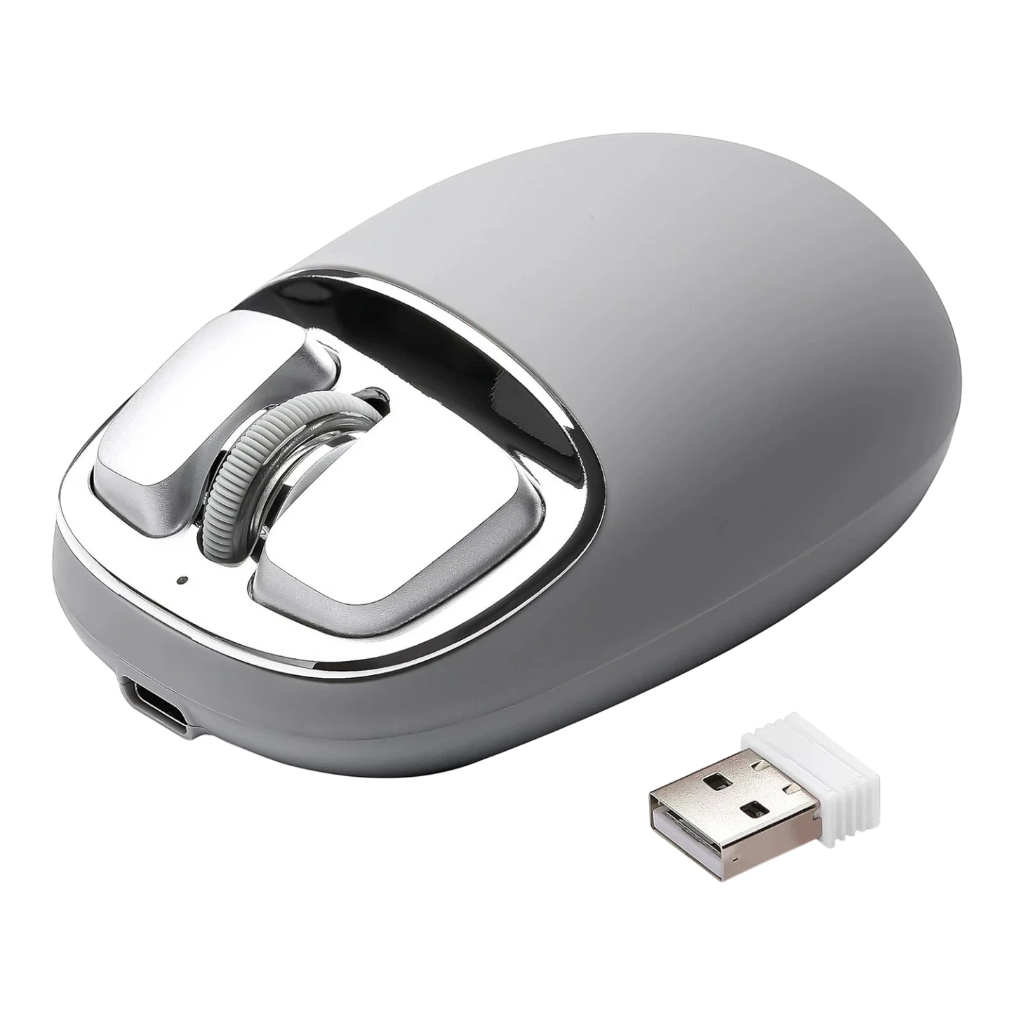 zero2cart YUNZII C1 grey silicone wireless mouse with metallic buttons and USB receiver on a black background