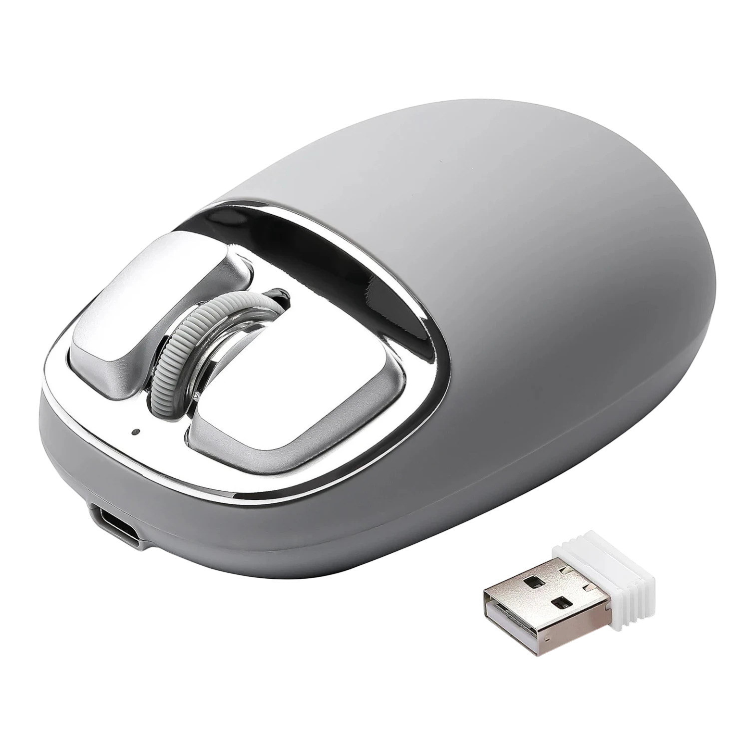 zero2cart YUNZII C1 grey silicone wireless mouse with metallic buttons and USB receiver on a black background