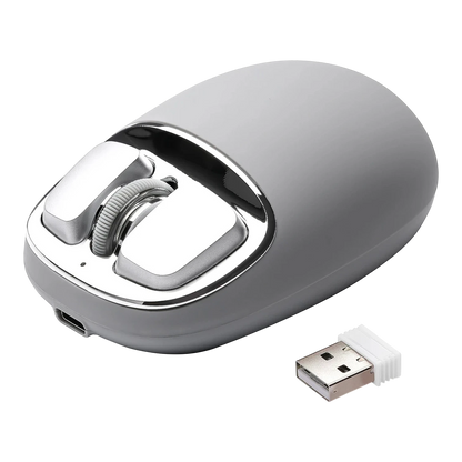 zero2cart YUNZII C1 grey silicone wireless mouse with metallic buttons and USB receiver on a black background