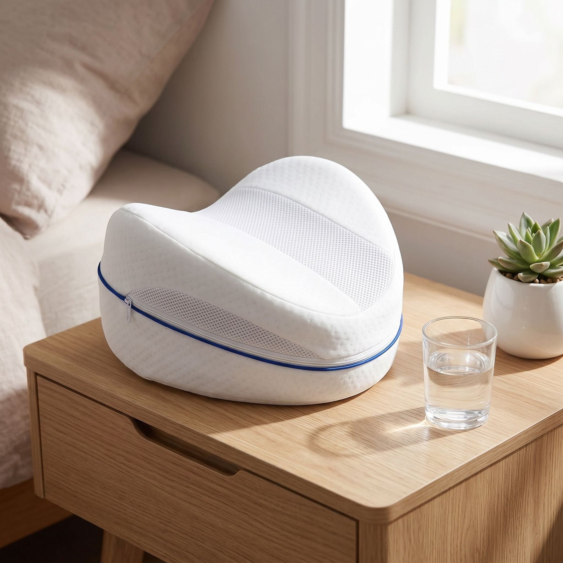 zero2cart heart-shaped white memory foam leg pillow with blue zipper detail resting on a wooden bedside table