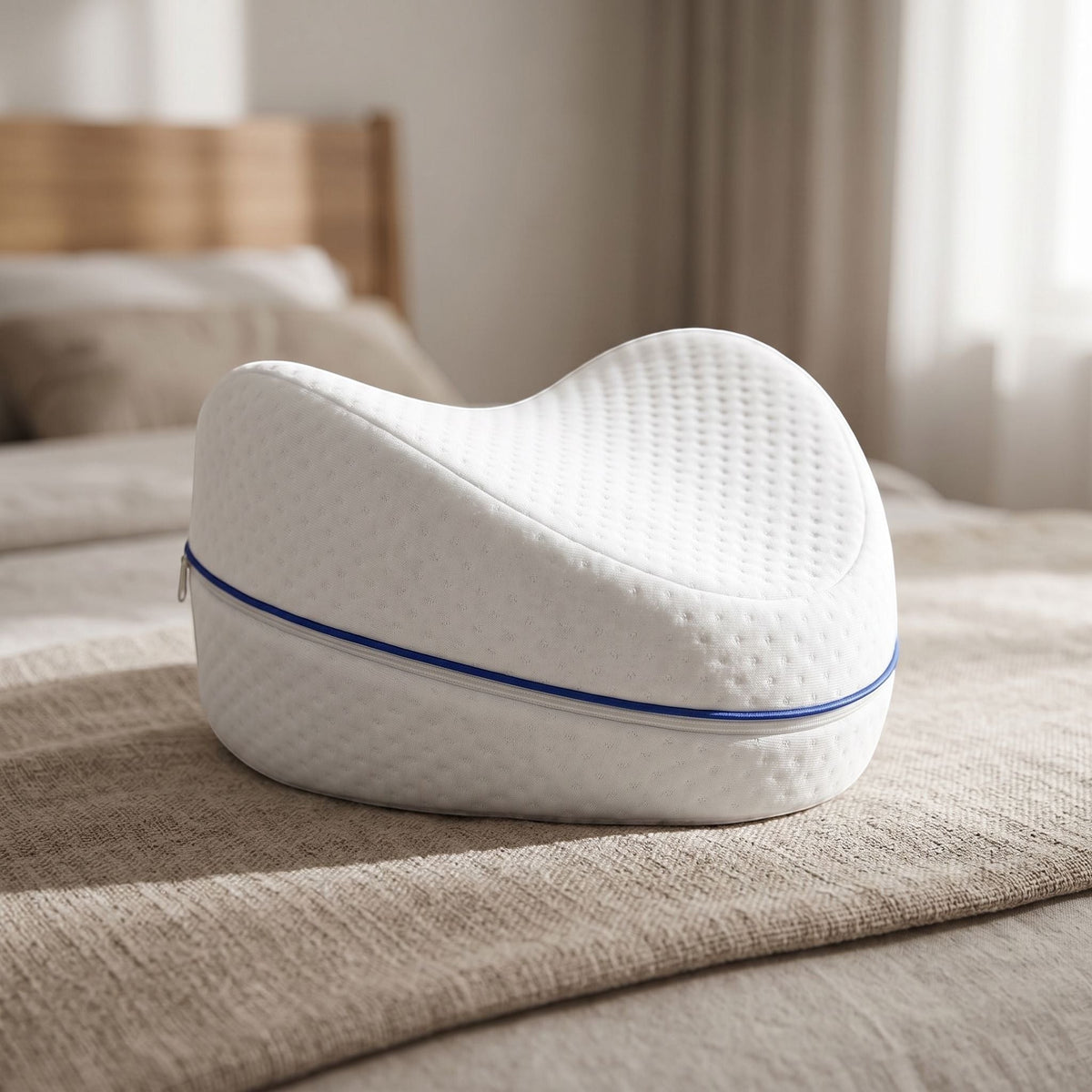 zero2cart heart-shaped white memory foam leg pillow with blue zipper detail for side sleepers on a bed