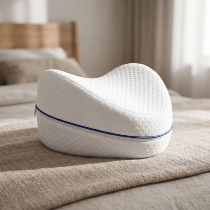 zero2cart heart-shaped white memory foam leg pillow with blue zipper detail for side sleepers on a bed
