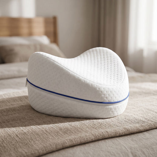 zero2cart heart-shaped white memory foam leg pillow with blue zipper detail for side sleepers on a bed