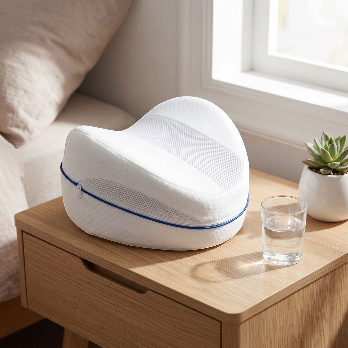 zero2cart heart-shaped white memory foam leg pillow with blue zipper detail resting on a wooden bedside table