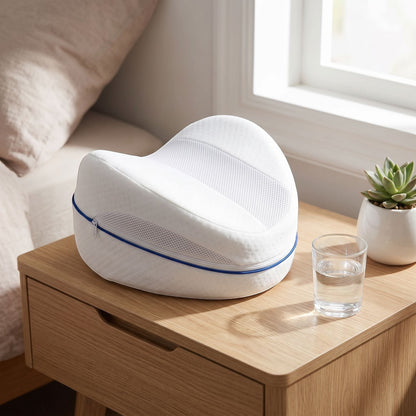 zero2cart heart-shaped white memory foam leg pillow with blue zipper detail resting on a wooden bedside table