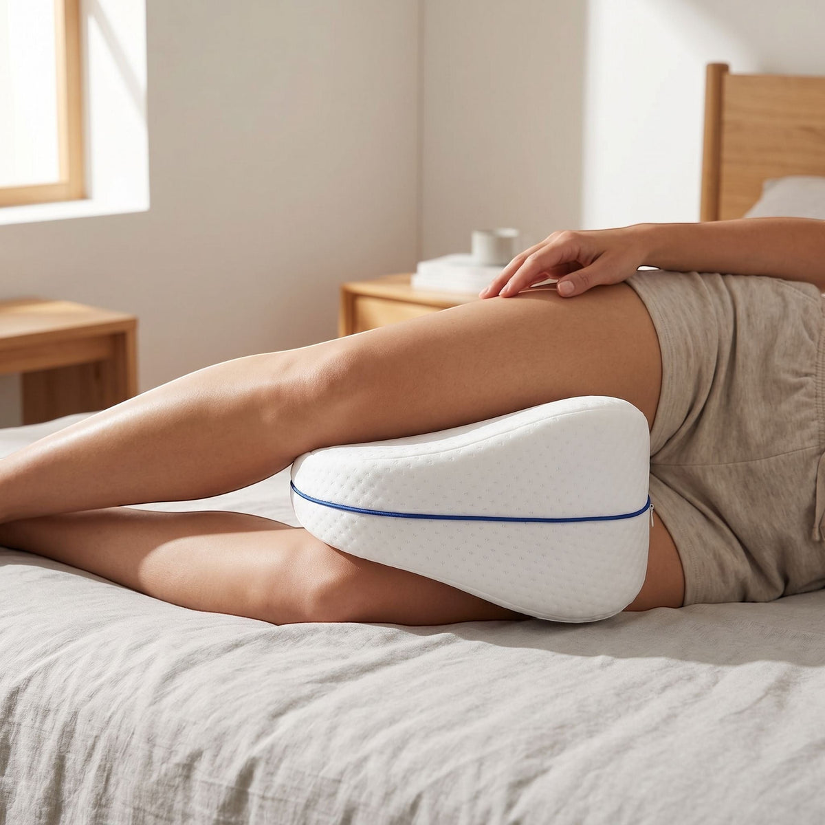 zero2cart heart-shaped memory foam leg pillow providing support between knees for a side sleeper on a bed