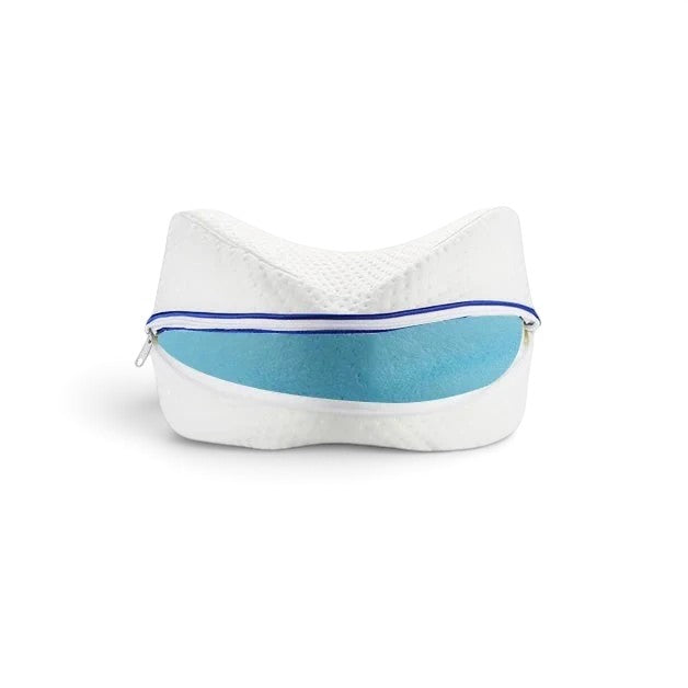 zero2cart heart-shaped memory foam leg pillow with a white polyester cover and blue foam interior for side sleepers