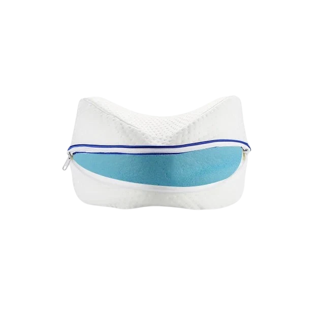zero2cart heart-shaped memory foam leg pillow with a white polyester cover and blue foam interior for side sleepers