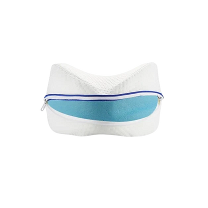 zero2cart heart-shaped memory foam leg pillow with a white polyester cover and blue foam interior for side sleepers