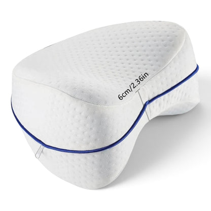 zero2cart heart-shaped white memory foam leg pillow with blue piping for side sleepers
