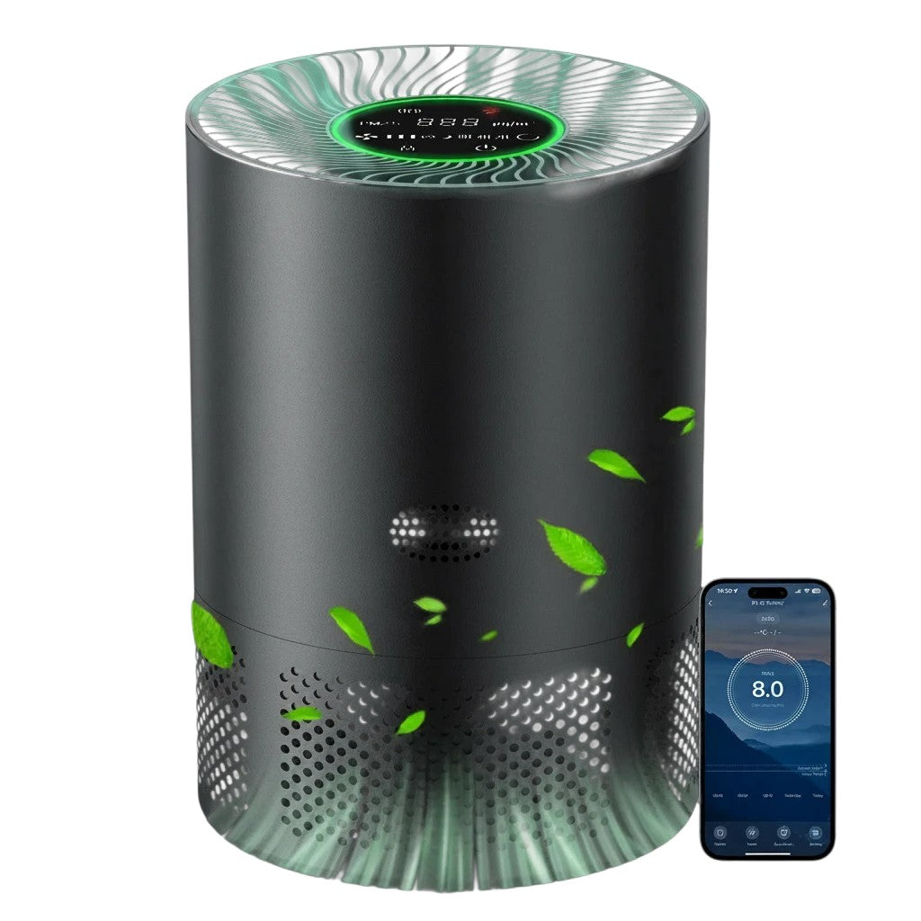 zero2cart portable HEPA air purifier in matte black with digital display, PM2.5 sensor, and smartphone app control.