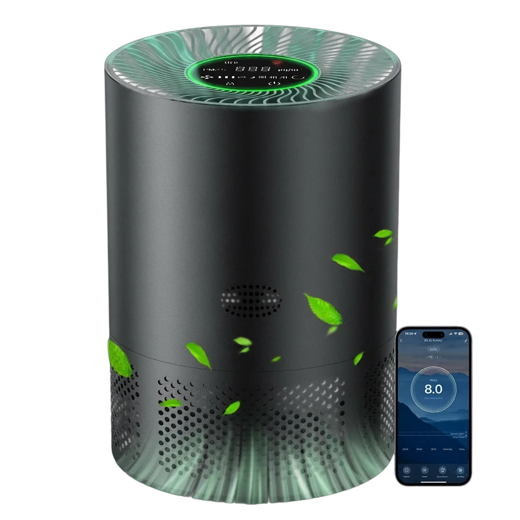 zero2cart portable HEPA air purifier in matte black with digital display, PM2.5 sensor, and smartphone app control.