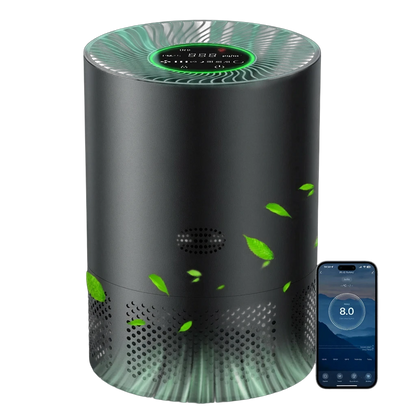 zero2cart portable HEPA air purifier in matte black with digital display, PM2.5 sensor, and smartphone app control.