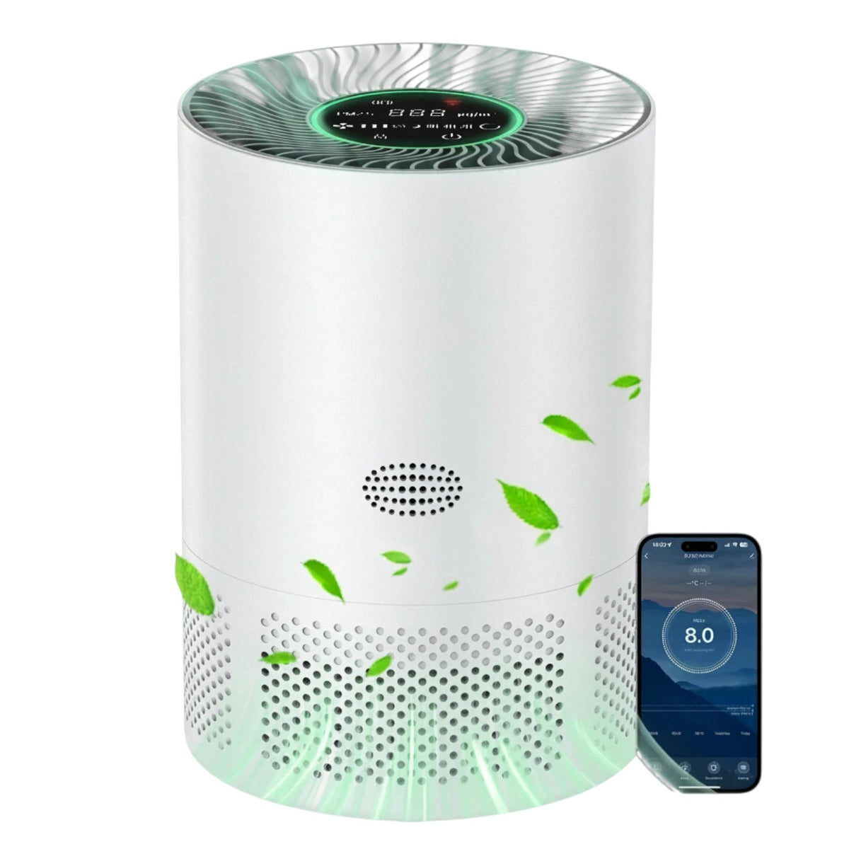 zero2cart portable white HEPA air purifier with PM2.5 display, touch controls, and smartphone app connectivity