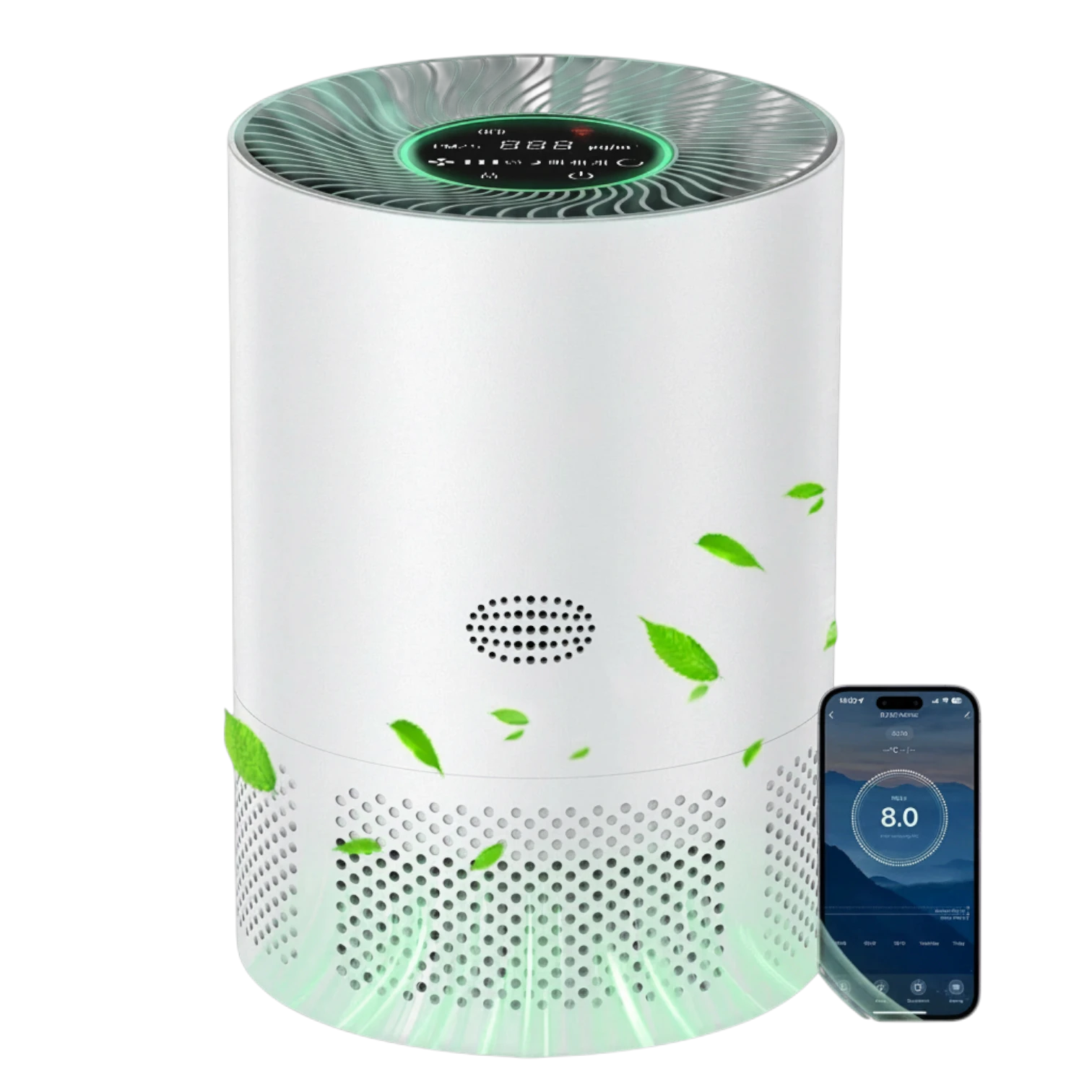 zero2cart portable white HEPA air purifier with PM2.5 display, touch controls, and smartphone app connectivity