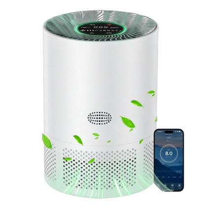 zero2cart portable white HEPA air purifier with PM2.5 display, touch controls, and smartphone app connectivity