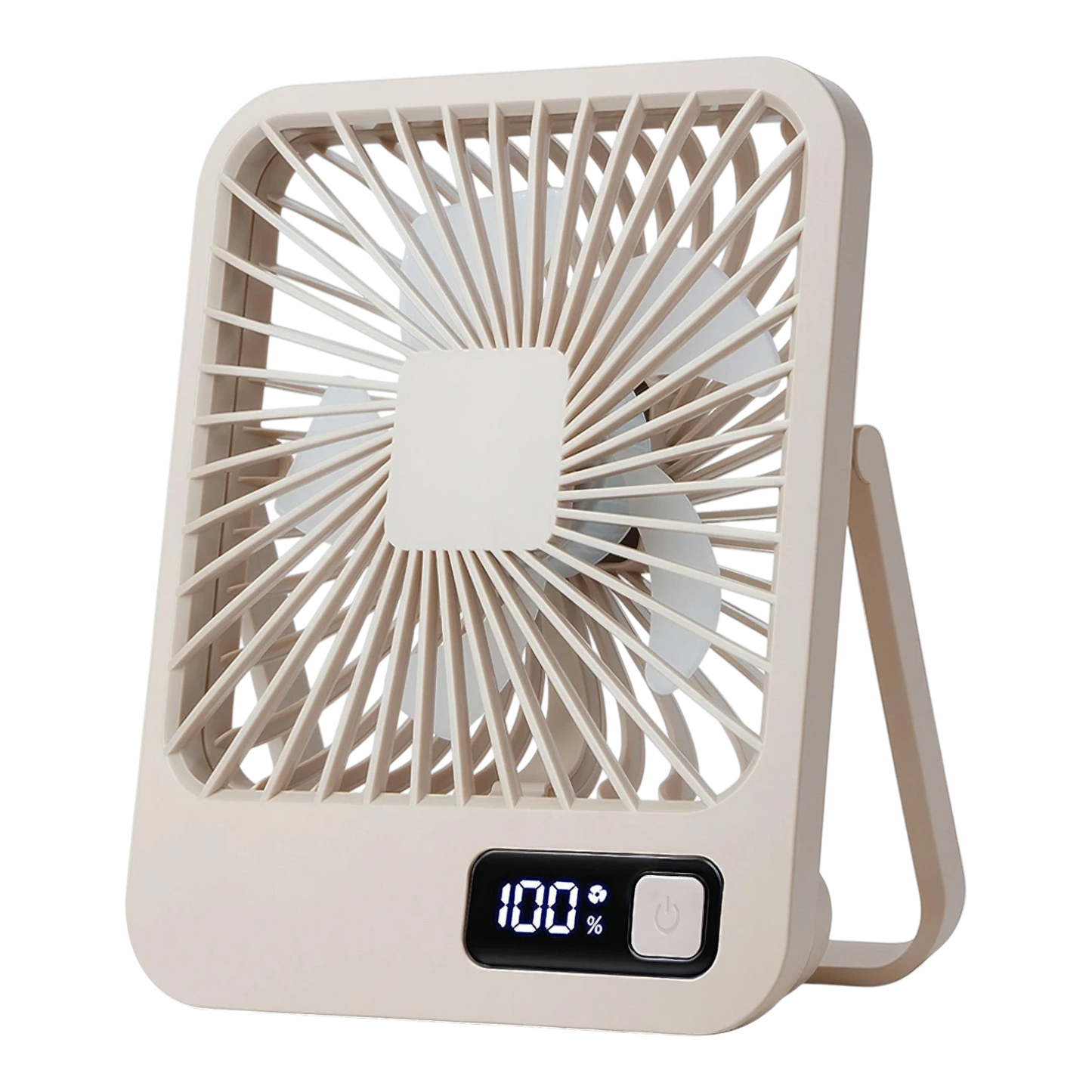 zero2cart khaki portable rechargeable desk fan with digital battery display and 180-degree foldable stand