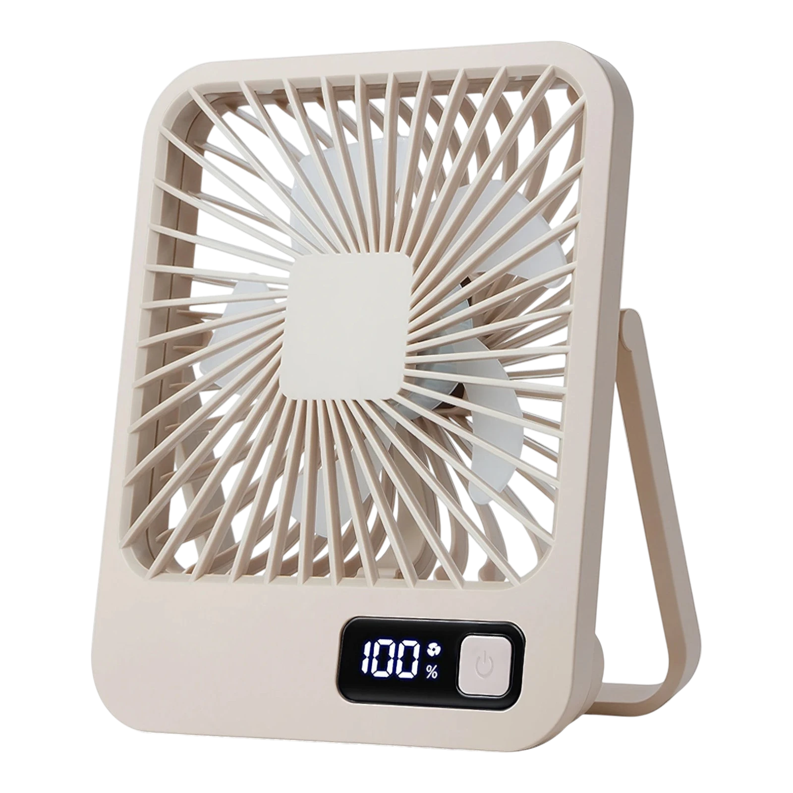 zero2cart khaki portable rechargeable desk fan with digital battery display and 180-degree foldable stand