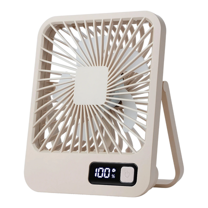 zero2cart khaki portable rechargeable desk fan with digital battery display and 180-degree foldable stand