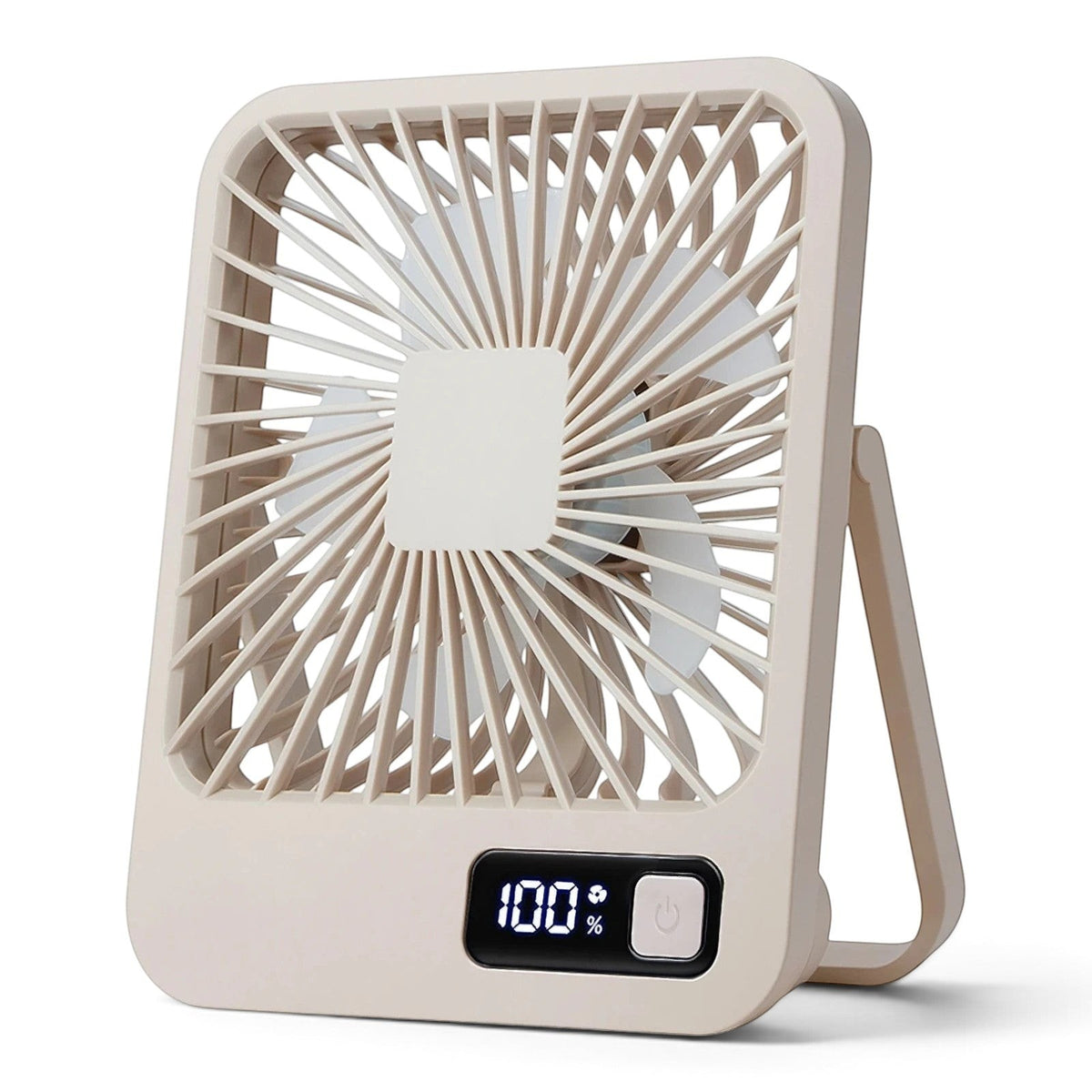 zero2cart khaki portable rechargeable desk fan with digital battery display and 180-degree foldable stand
