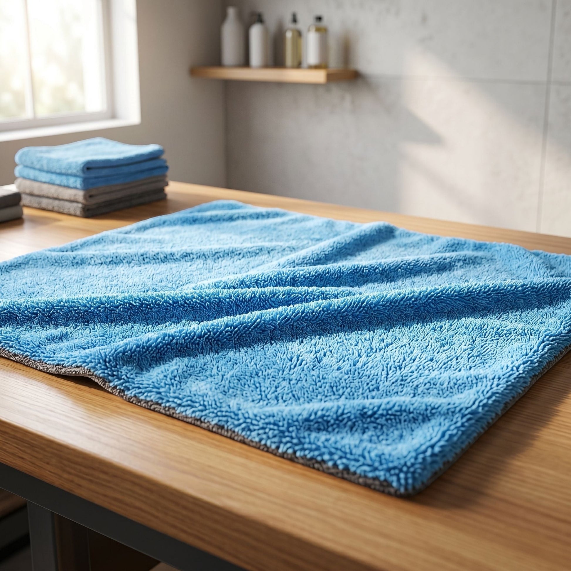 zero2cart large blue microfiber car drying towel with a thick double-layer texture on a wooden table