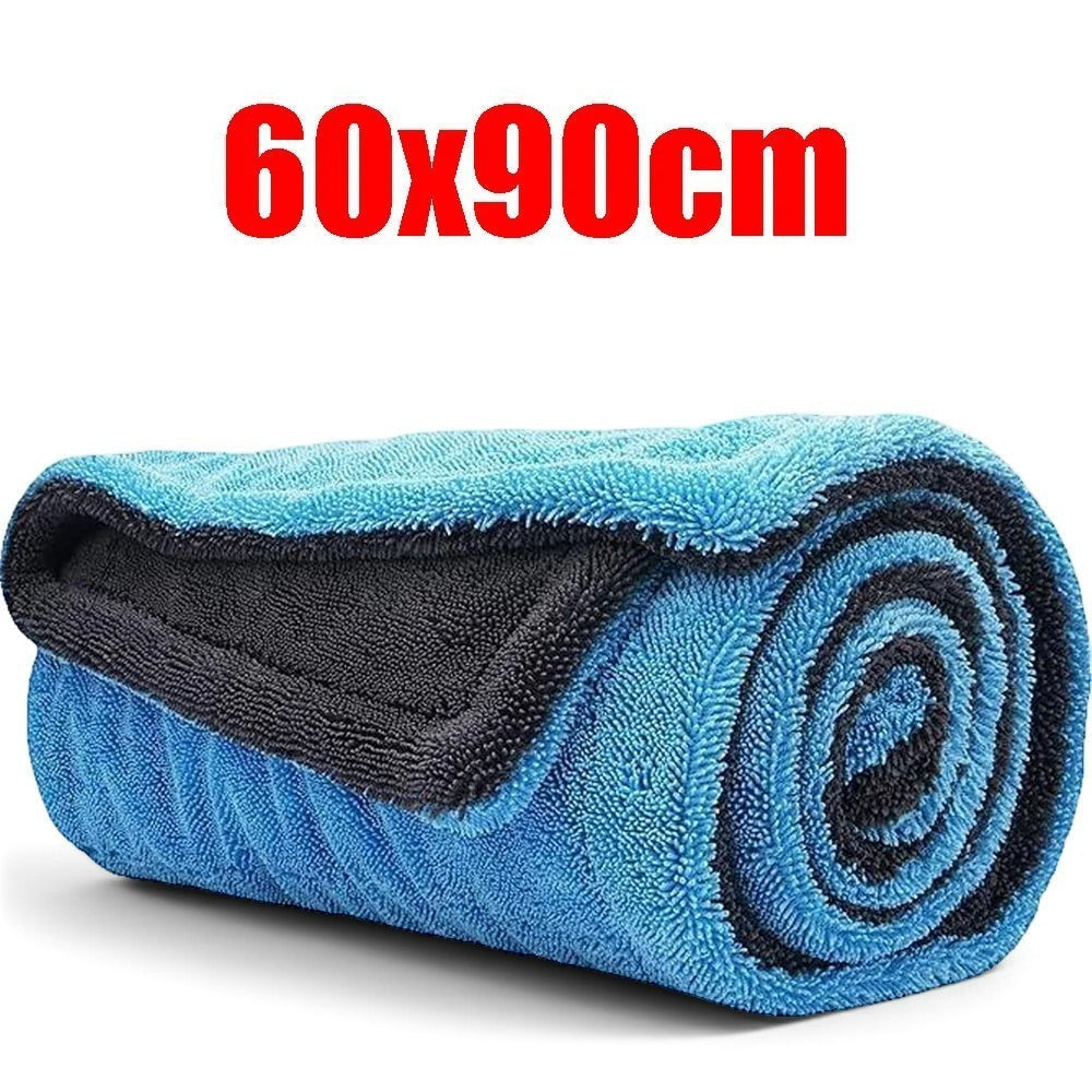 zero2cart large blue and black double-layer microfiber car drying towel rolled up for detailing and cleaning