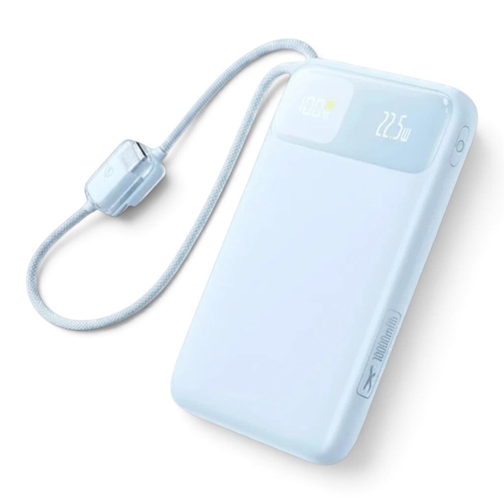 zero2cart slim light blue 10000mAh power bank with built-in braided USB-C cable and digital LED battery display