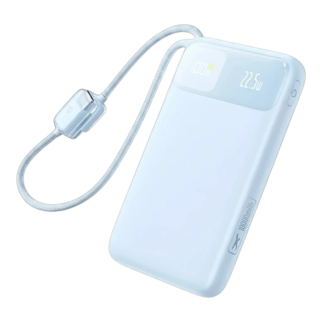 zero2cart slim light blue 10000mAh power bank with built-in braided USB-C cable and digital LED battery display
